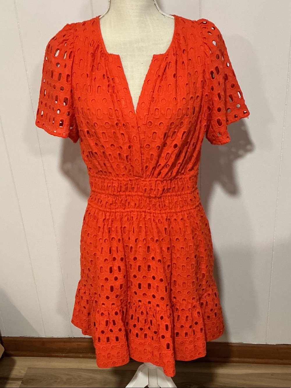 Anthropologie Orange Eyelet Midi Dress with Smocked Waist